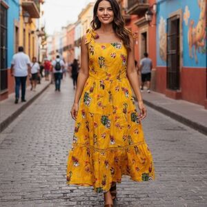 Emily Lovelock Yellow Mexico City Frida  Print Tie Shoulder Midi Dress XS